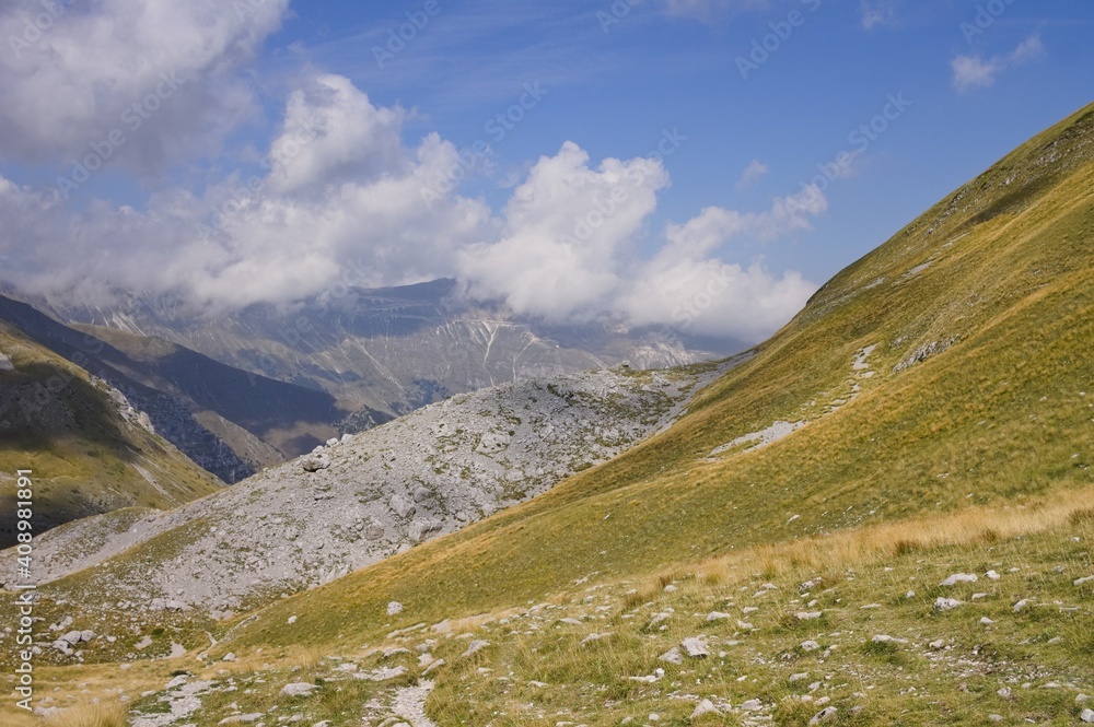 Panoramic view of a mountainous valley in the Sibillini Mountains National Park (Marche, Italy, Europe)