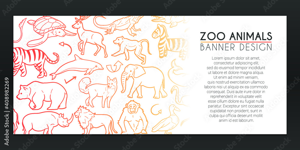 Zoo Animals Doodles Banner. Wild Life Background Hand drawn. Icons illustration. Vector Horizontal Design.