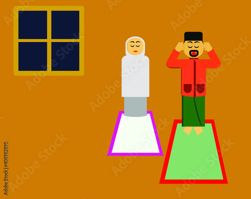 A vector of muslim husband and wife terawih prayer at house during covid-19 pandemic. People are encourage to pray at own house especially month of Ramadhan.
