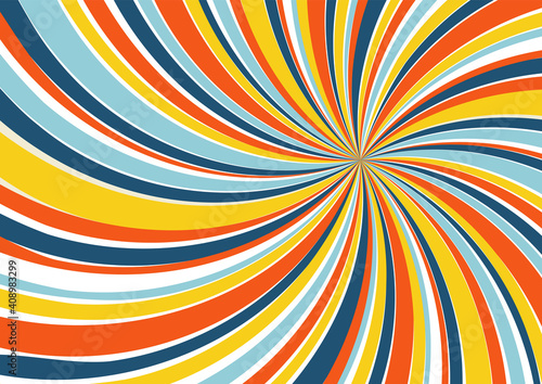 Swirl pattern background. 1970s style. Spiral striped design with retro colors palette.