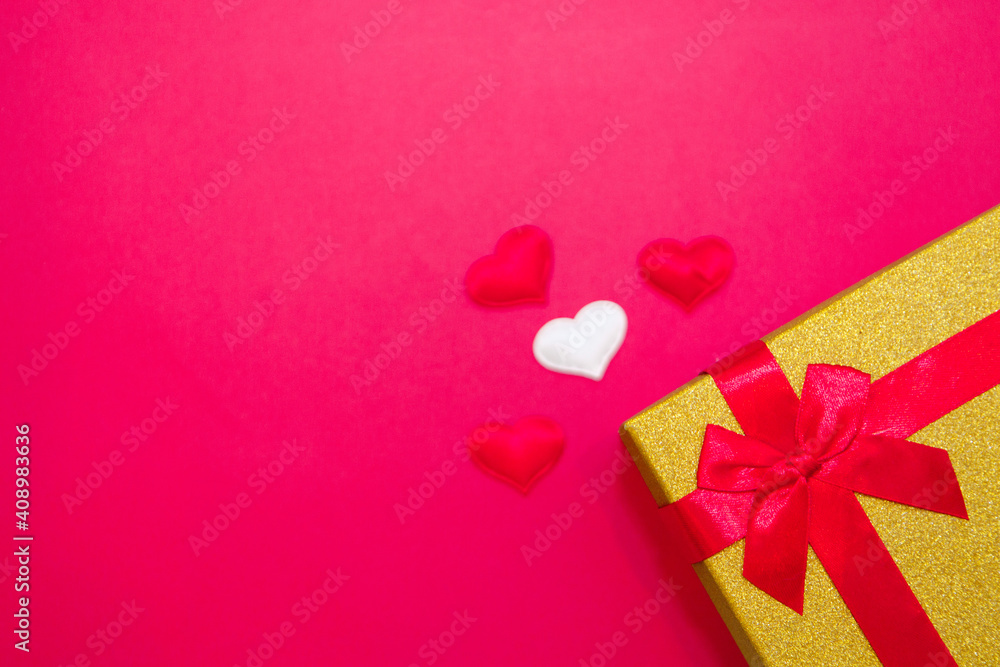 Happy Valentine's Day flatlay. Top view present gift box, hearts on on yellow color of the red background. panton Happy Valentine's Day flatlay. Top view present gift box, hearts on on yellow color of the red background. panton