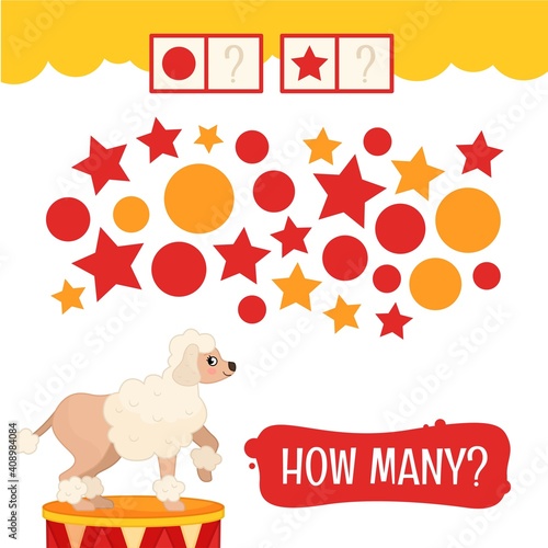 Counting educational children game, math kids activity sheet. How many  red circles and red stars?
