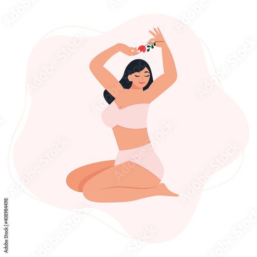 young beautiful woman sitting in lingerie. Love yourself, your body, to be yourself, menstruation days, women’s health care concepts. Vector illustration in flat style