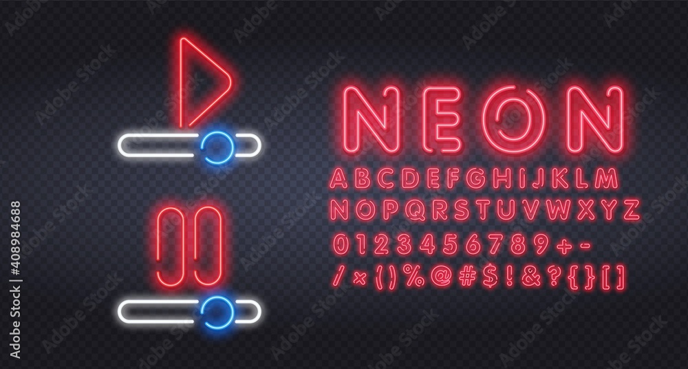 Play and stop, pause neon sign. Red play button on brick wall background. Vector illustration in neon style for video content and footages Play and stop, pause neon sign. Red play button on brick wall background. Vector illustration in neon style for video content and footages