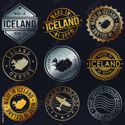 Iceland Map Metal Stamps. Gold Made In Product Seal. National Logo Icon. Symbol Design Insignia Country.