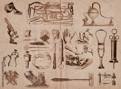Various instruments and practices of ancient medicine used by doctors. Gadgets to treat deformed fingers and toes, cataract surgery, syringe, stethoscope, and other objects. 