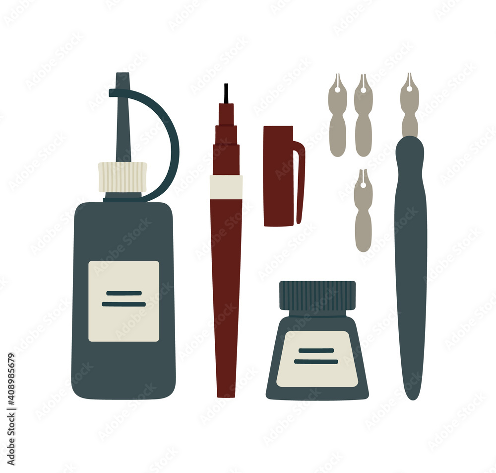 Vector illustration of different art supplies for ink drawing. Ink, pen, rapidograph. Suitable for art tools shops, art courses. Hand-drawn set isolated on white background. Vector illustration of different art supplies for ink drawing. Ink, pen, rapidograph. Suitable for art tools shops, art courses. Hand-drawn set isolated on white background.