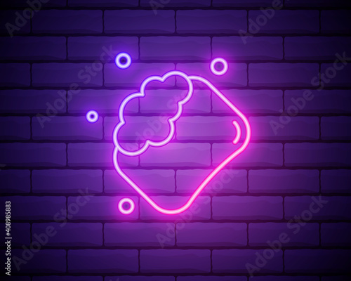 Glowing neon line Bar of soap icon isolated on brick wall background. Soap bar with bubbles. Vector Illustration