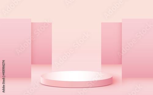 Abstract scene background. Cylinder podium on pink background. Product presentation, mock up, show cosmetic product, Podium, stage pedestal or platform.