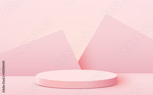 Abstract scene background. Cylinder podium on pink background. Product presentation, mock up, show cosmetic product, Podium, stage pedestal or platform.