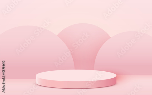 Abstract scene background. Cylinder podium on pink background. Product presentation, mock up, show cosmetic product, Podium, stage pedestal or platform.