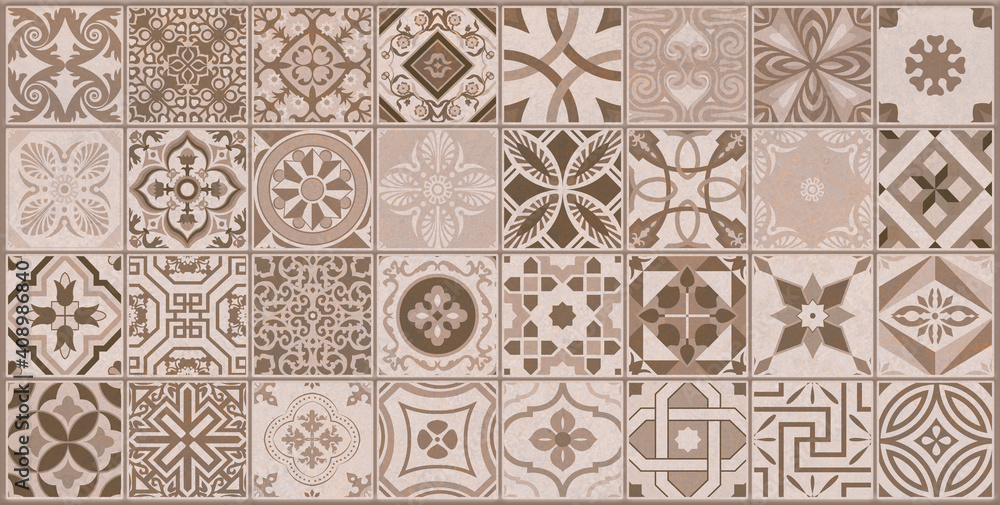 dark brown color floral design wall tiles and wall paper use Stock