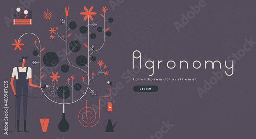 Garden, Agriculture, Agronomy.  People are engaged in agriculture, gardening and farming. Ornament from flowering plants. Lettering, poster. Flat vector illustration.