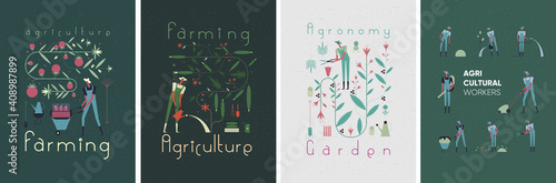 Garden, Agriculture. People are engaged in agriculture, gardening and farming. Ornament from flowering plants. Lettering, poster. People grow vegetables, work in the garden. Flat vector illustration