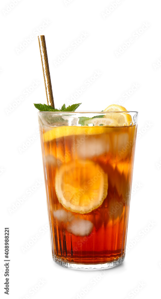 Glass of cold black tea with lemon on white background Glass of cold black tea with lemon on white background
