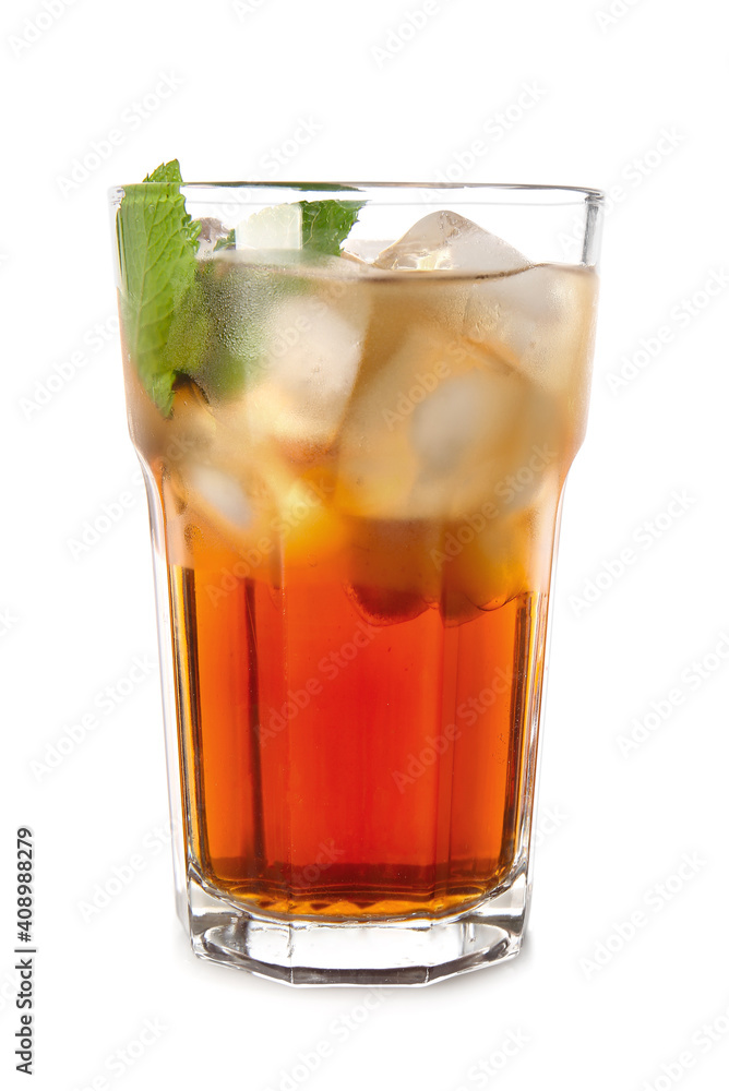 Glass of cold black tea with lemon on white background Glass of cold black tea with lemon on white background