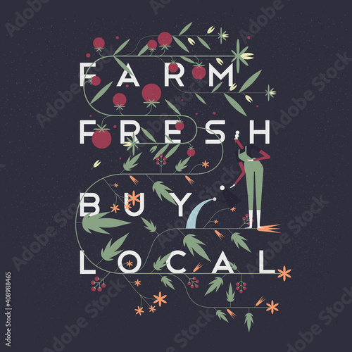Garden  Agriculture. People are engaged in agriculture  gardening and farming. Ornament from flowering plants. Lettering  poster. Vector illustration.