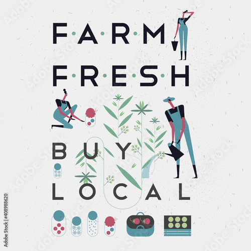 Garden, Agriculture. People are engaged in agriculture, gardening and farming. Ornament from flowering plants. Lettering, poster. Vector illustration.