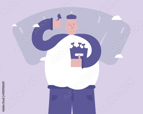 A man eats junk food. Obesity. Depression concept. Vector illustration  for telework, remote working and freelancing concept, business, start up
