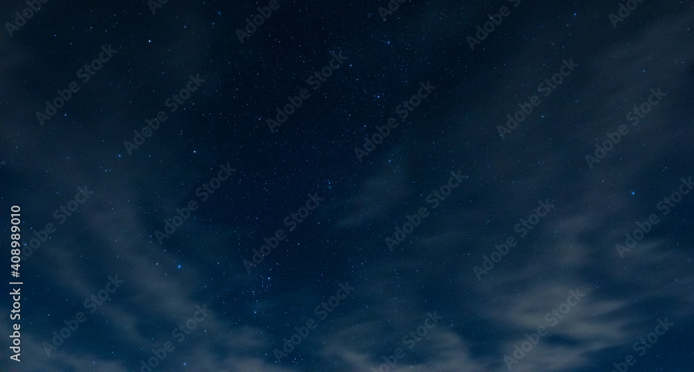 Starry night sky in North Carolina with light clouds blowing by very slowly.