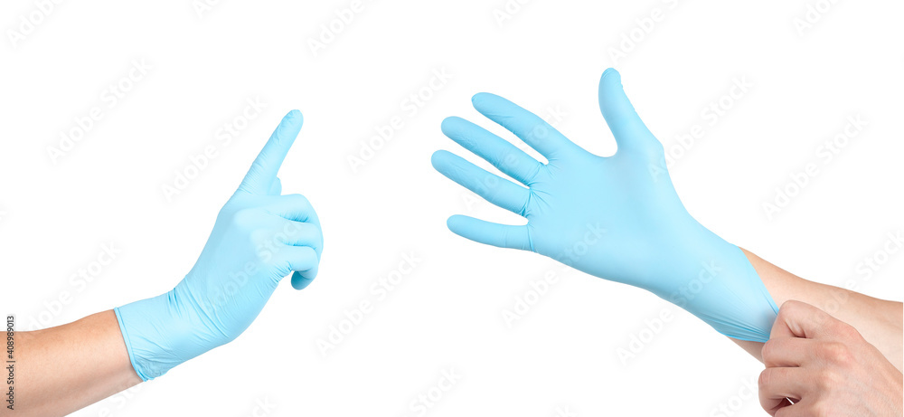 Human hand palm dressed in nice and soft glove isolated on abstract white background. Wearing and special clothes concept. Detailed close up studio shot