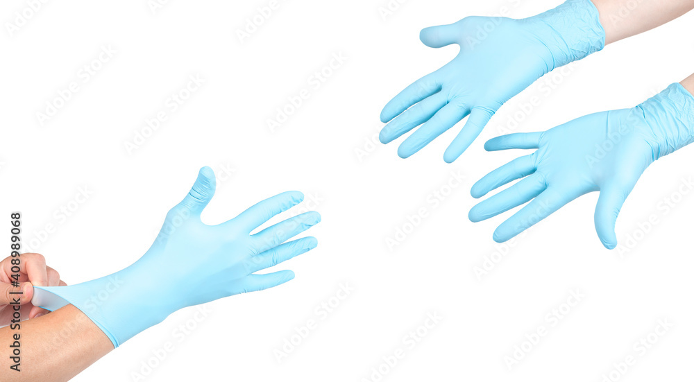 Hands in protective blue gloves, isolated on white background.