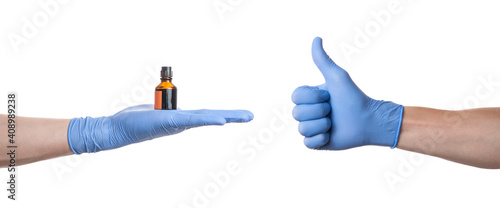 Hand in blue glove isolated on white with thumb up.