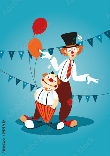 Illustration two circus clowns, garland, balloons, funny, nostalgic, blue, red, orange, vector, happy, children, nursery