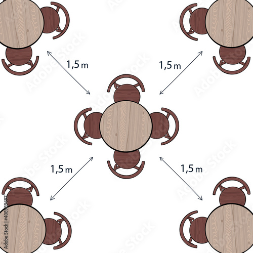 Wooden cafe table and chairs flat vector seamless pattern on white background. .Safe distance during a pandemic. Furniture for use in restaurant and cafe.