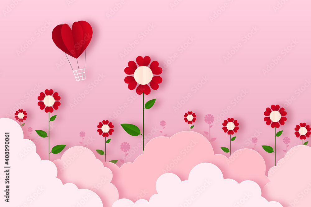 paper craft valentine day Floral pink background 