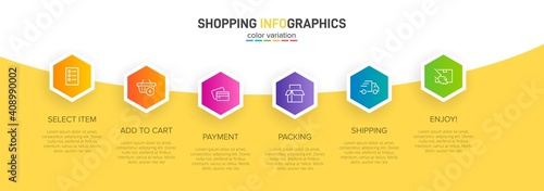 Concept of shopping process with 6 successive steps. Six colorful graphic elements. Timeline design for brochure, presentation, web site. Infographic design layout.