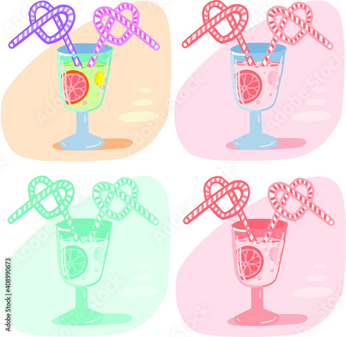 cocktail with two tubes in the form of hearts. In a different color scheme. Valentine's card for Valentine's Day.