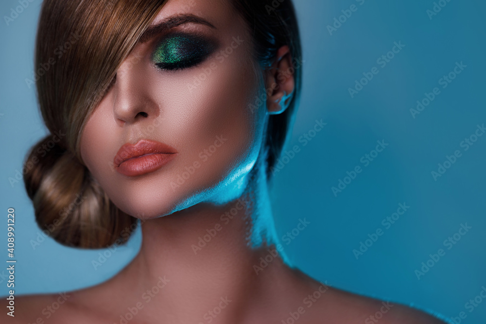 Naklejka premium Sexy model in stylish image with sleek hair covering one eye and beautiful green eyeshadows on another