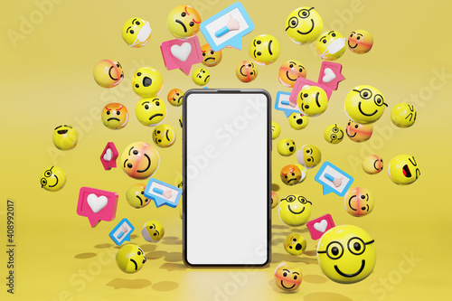Smartphone with cartoon emoticons icons for social media. 3d rendering