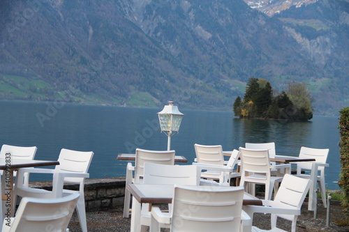 restaurant on the lake in the alps
