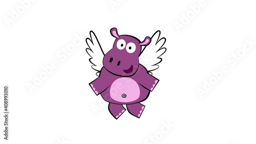 cute hippo cartoon cupid flying. Alpha channel, cycle