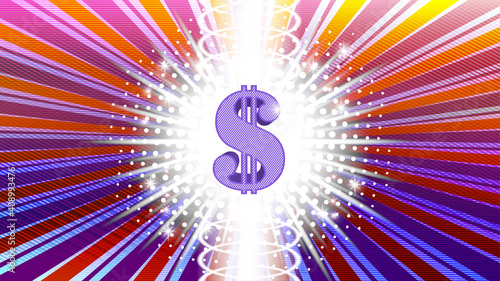 Abstract bright radiant poster with sparks and stars. 3d purple dollar sign in the center. Clipping mask. EPS10