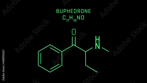 Buphedrone also known as alpha-methylamino-butyrophenone or MABP Molecular Structure Symbol Neon Animation on black background photo