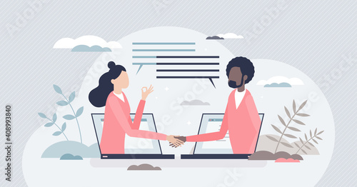 Virtual deal with distant online agreement handshake tiny person concept photo