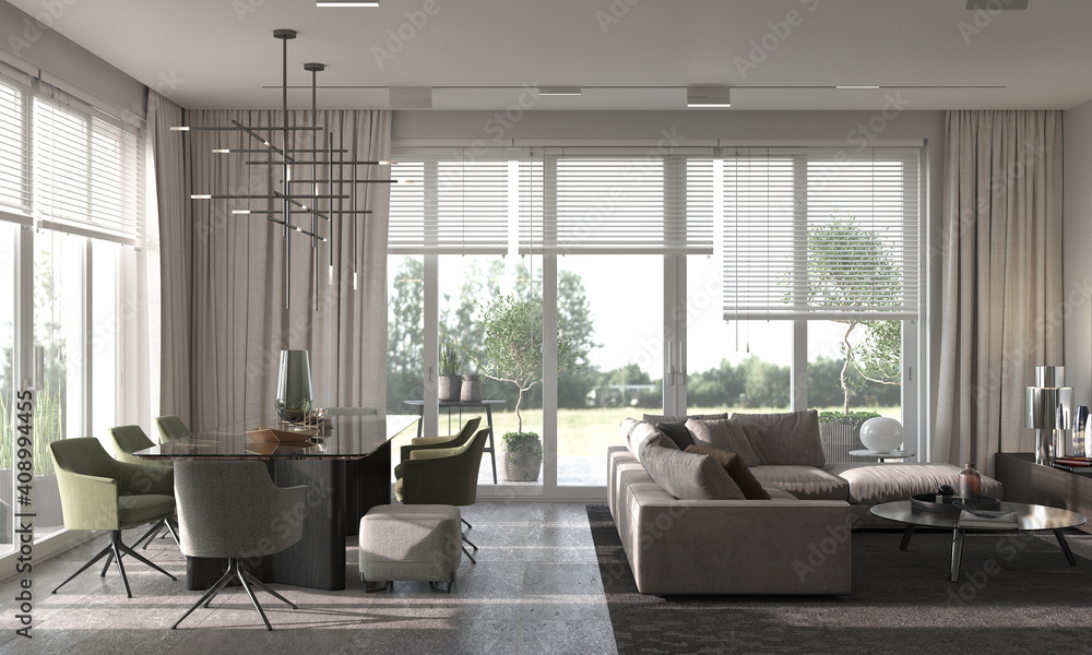 Fototapeta premium Minimalism modern interior design. Studio living, kitchen and dining room. 3d rendering. 3d illustration.