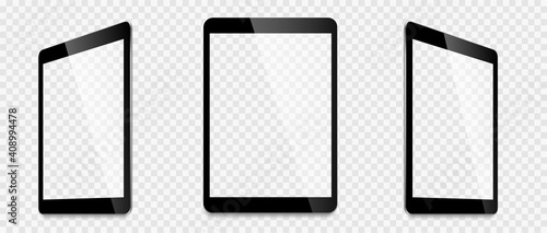 Realistic tablet computer mockup set. Tablet PC realistic mockup front view with shadow. Electronic gadget - stock vector.