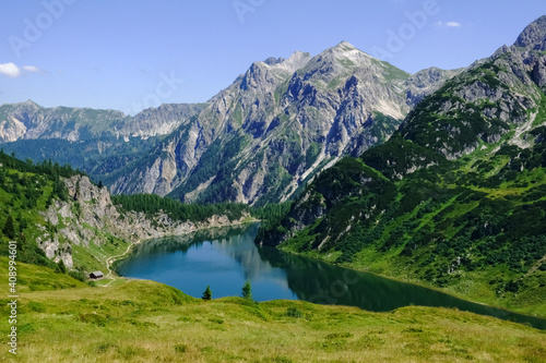 deep blue mountain lake in a mountain landscape view from above
