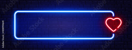 Neon long frame with heart. Bright night neon signboard on brick wall with backlight. Romantic dinner. Retro red neon heart sign. Love symbol. Night disco design element. Vector illustration