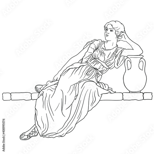 A young slender woman in an ancient Greek tunic sits on a stone parapet next to a jug of wine. Figure isolated on white background.