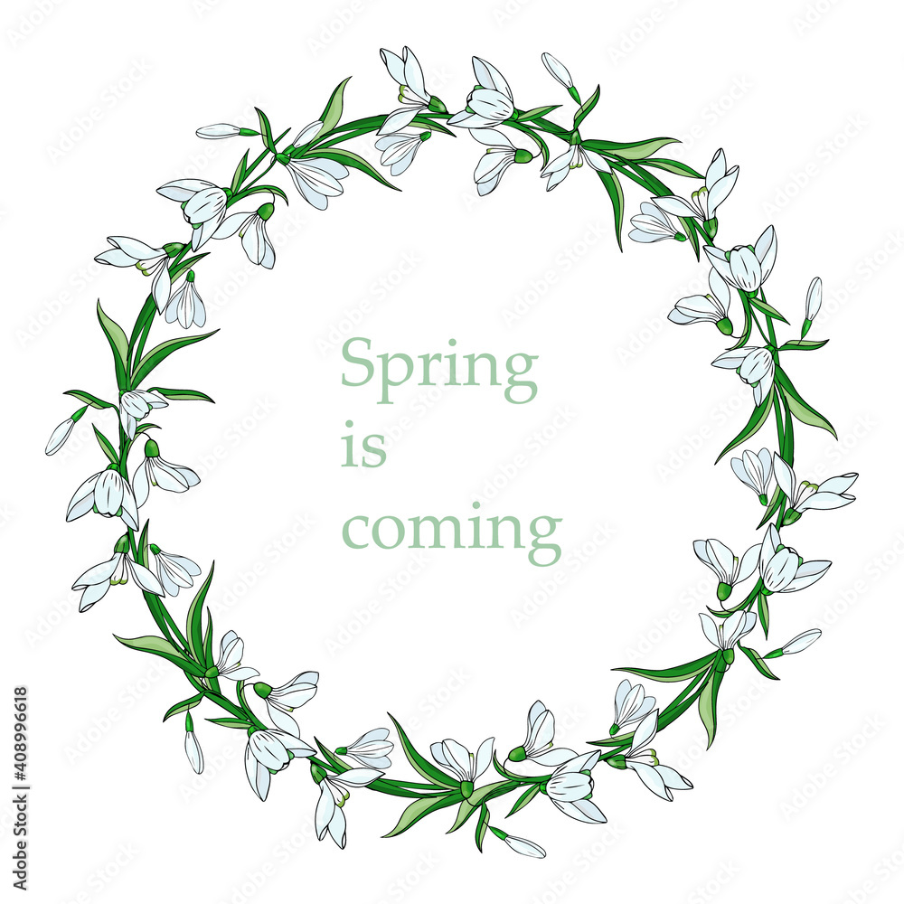 Snowdrop wreath. Spring card with white flowers and green leaves. Vector illustration