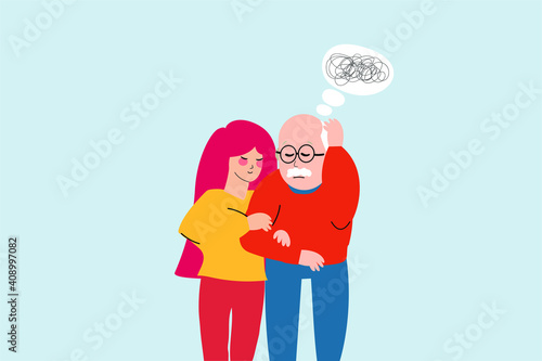 Adult man with dementia or amnesia syndrome gets help from a nurse. Supported by a young social worker lady. Senior mature male has memory loss due to a mental disorder. 