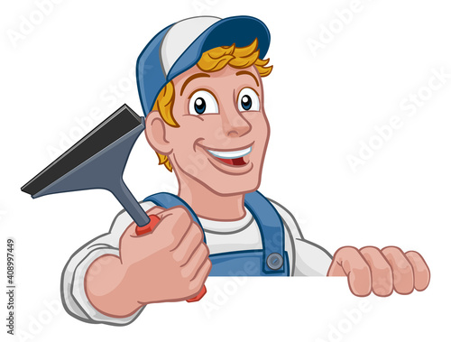 Window cleaning cartoon cleaner mascot man holding a carwash squeegee tool. Peeking over a sign