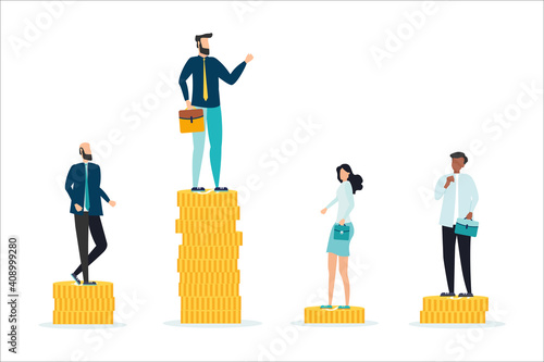Economic inequality, unfair income, people who are paid different money, a white rich businessman standing on a tower of coins with a high salary with poor people black and white on low piles.