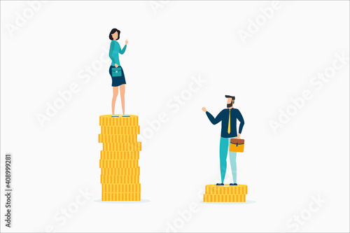 Economic inequality, unfair income, people who are paid different money, a white rich woman standing on a tower of coins with a high salary, with a poor white man on a low stack of coins.