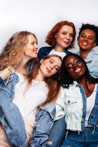 diverse multi nation girls group, teenage friends company cheerful having fun, happy smiling, cute posing isolated on white background, lifestyle people concept, african-american, asian and caucasian